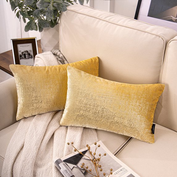 Phantoscope Bronzing Gold Foil Printed Cut Pile Velvet with Gilding Metallic Shiny Decorative Throw Pillow Covers, 12" x 20", Yellow, 2 Pack