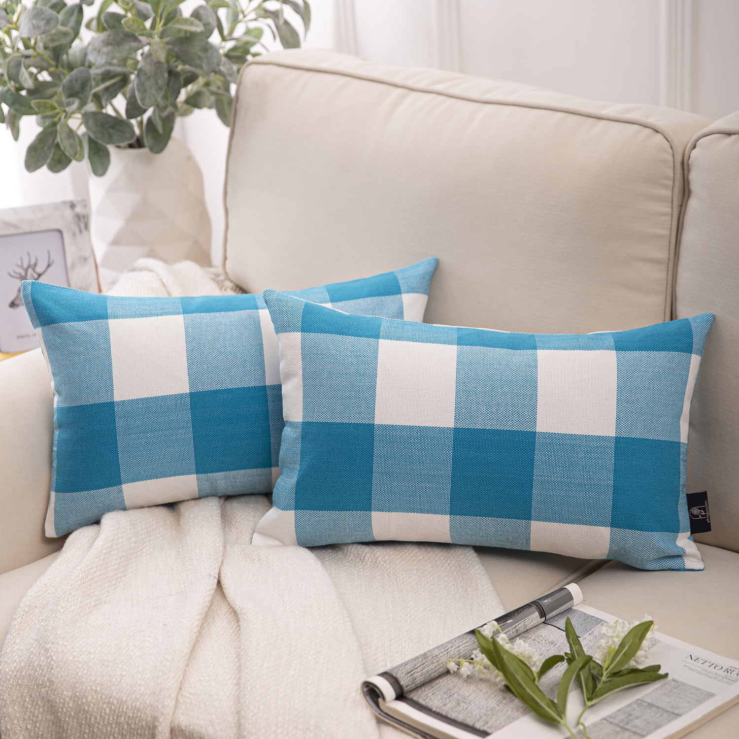 Phantoscope Buffalo Checker Plaid Farmhouse Summer Square Decorative Throw Pillow for Couch, 12" x 20", Blue/White, 2 Pack