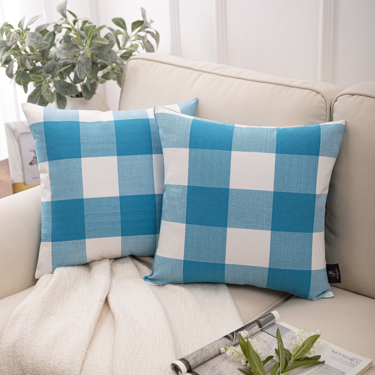 Buffalo Checker Plaids Series Cushion Decorative Throw Pillow Covers, 18" x 18", Sky Blue and White, Set of 2