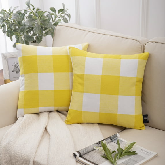 Phantoscope Christmas holiday Decorative Buffalo Checker Plaids Series Throw Pillow Covers, 18" x 18", Yellow and White, 2 Pack