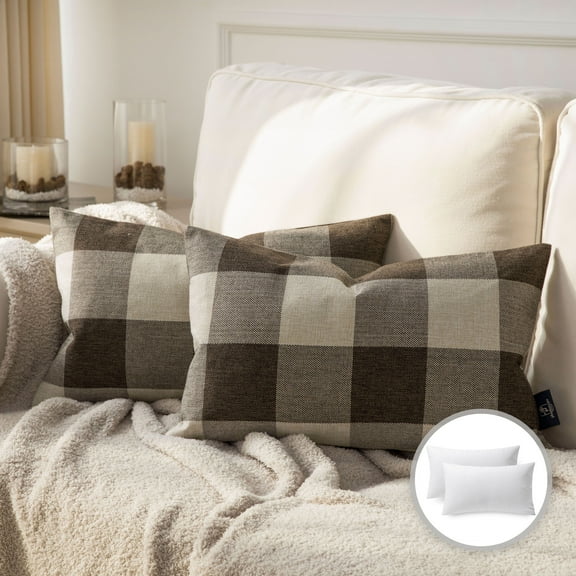 Phantoscope Buffalo Checker Plaids Series Cushion Decorative Throw Pillow, 12" x 20", Brown/White, 2 Pack