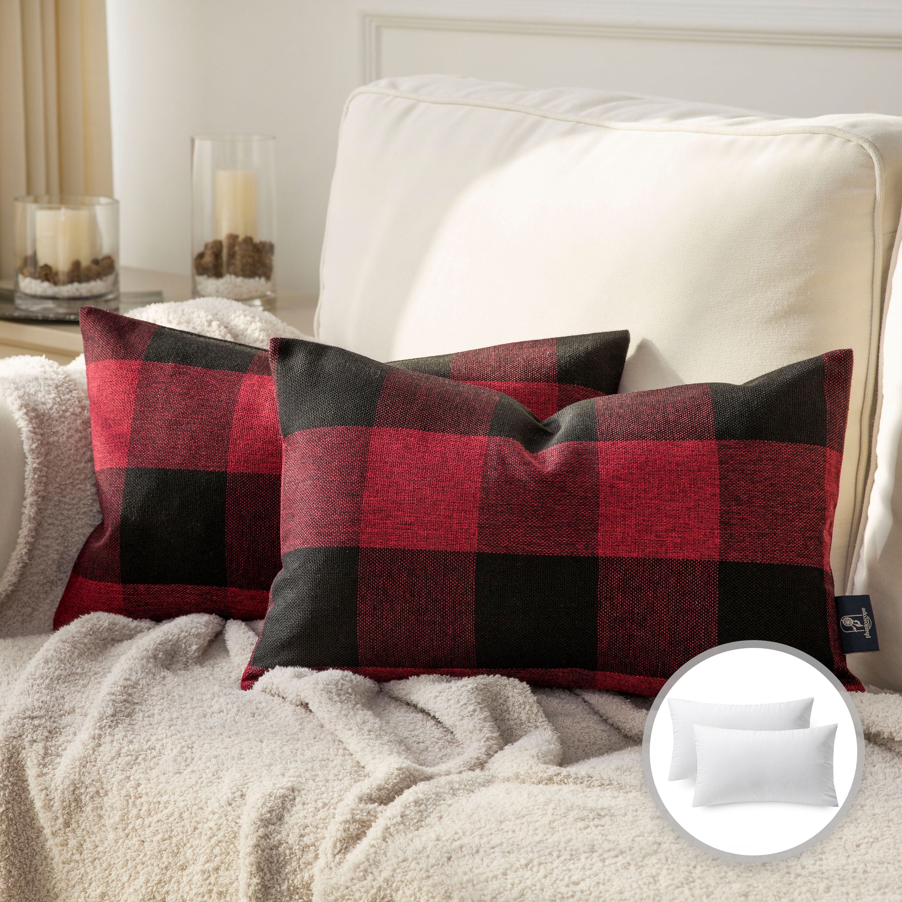 Phantoscope Buffalo Checker Plaids Series Cushion Decorative Throw Pillow, 12" x 20", Red/Black, 2 Pack