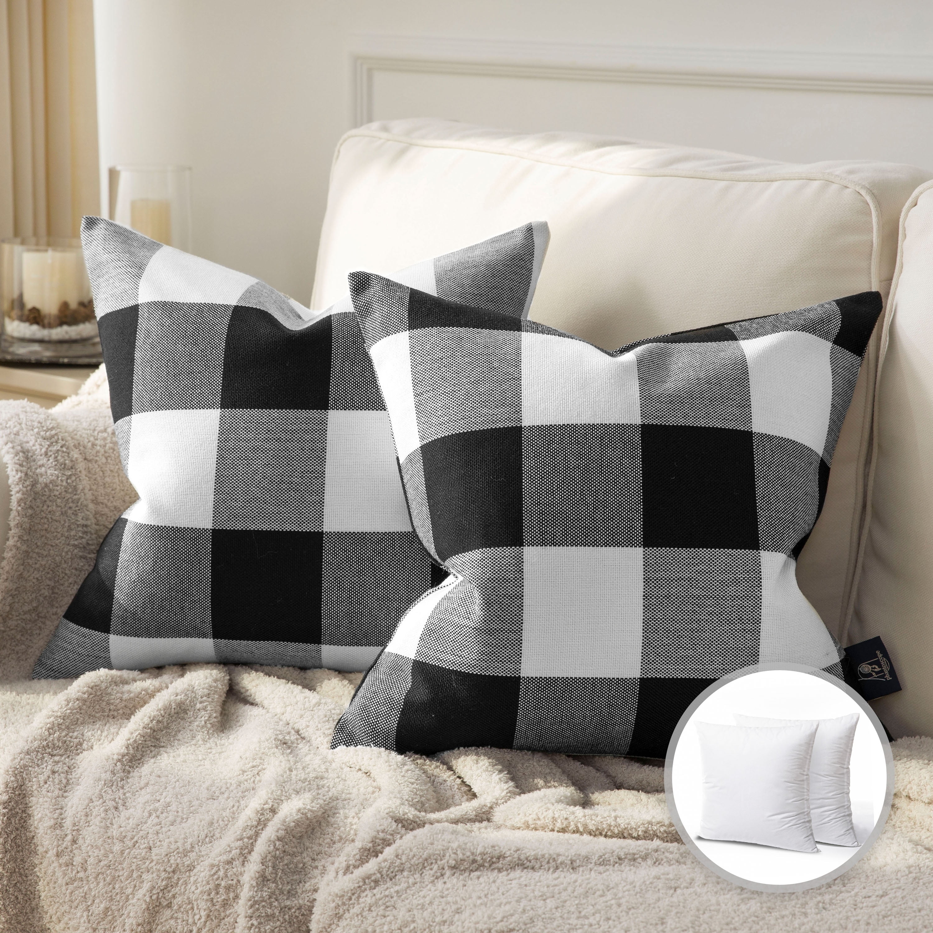 Phantoscope Classic Woven Textured Thick Solid Color Checker Plaid Series Outdoor Decorative Throw Pillow for Patio, 18 inch x 18 inch, Black, 2 Pack