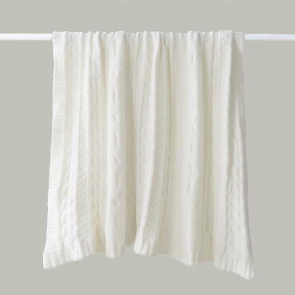 Phantoscope Cable Knit Throw Blanket for Couch Bed Sofa, Decorative Cozy Throw, 50x60 Inches, White