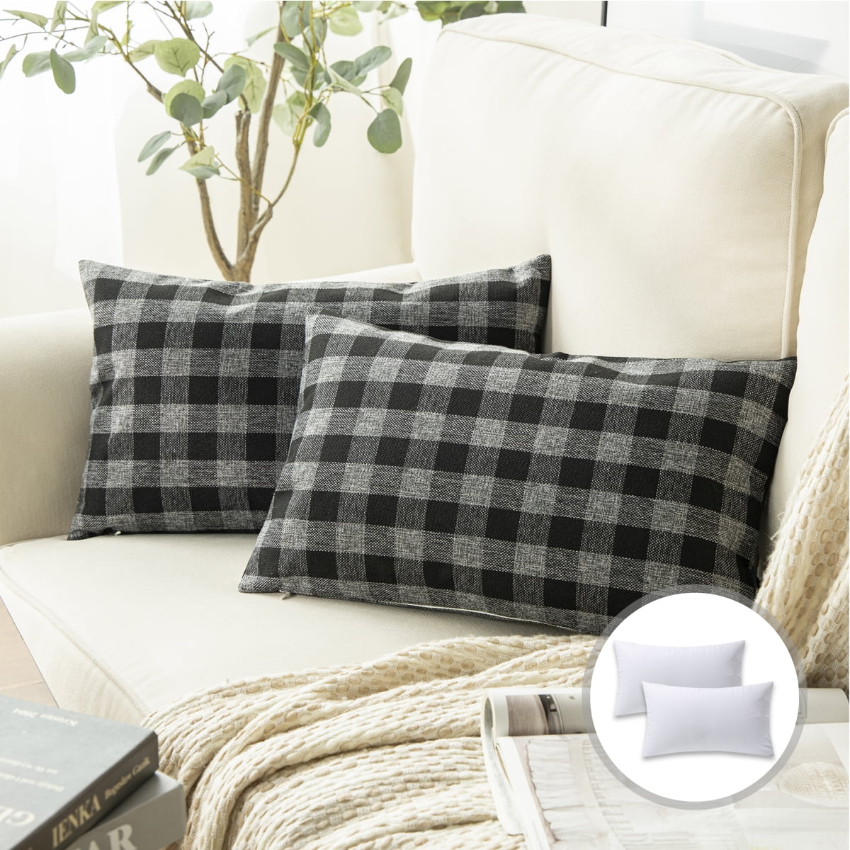 Phantoscope Checkers Series Square Decorative Throw Pillow with Inserts, Classic Retro Plaids, 12"x20", Black/Gray, 2 Pack