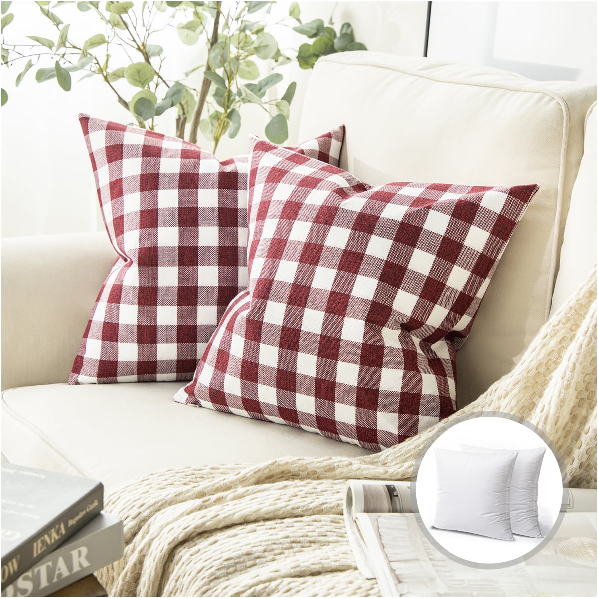 Phantoscope Checkers Series Square Decorative Throw Pillow with Inserts, Classic Retro Plaids, 20"x20", Red/White, 2 Pack