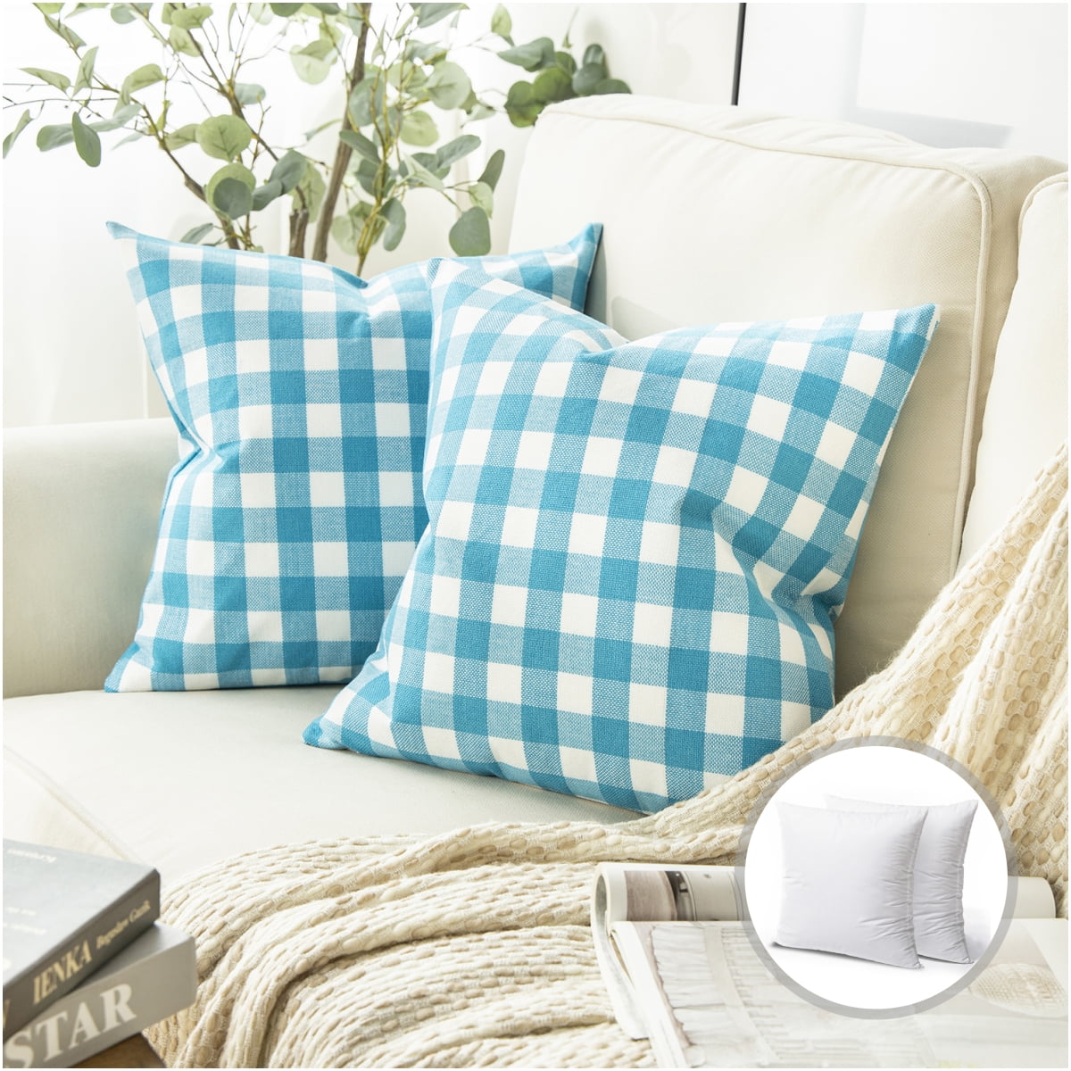 Phantoscope Checkers Series Square Decorative Throw Pillow with Inserts, Classic Retro Plaids, 20"x20", Sky Blue/White, 2 Pack