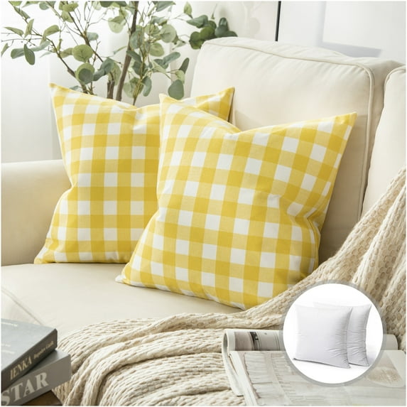 Phantoscope Checkers Series Square Decorative Throw Pillow with Inserts, Classic Retro Plaids, 20"x20", Yellow/White, 2 Pack