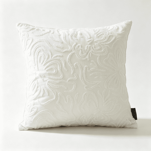 Phantoscope Chenille Embroidered Floral Throw Pillow, Modern Botanical Decorative Accent Pillow with Insert, Cream White, 18 x 18 in, 1 Pack