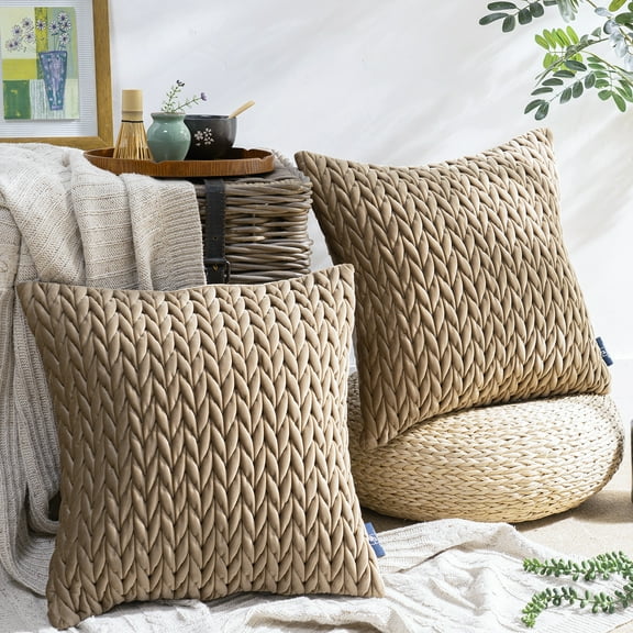 Phantoscope Chevron Quilted Velvet Braid Textured Pleated Square Decorative Throw Pillow, 18" x 18", Light Coffee, (2 Count)