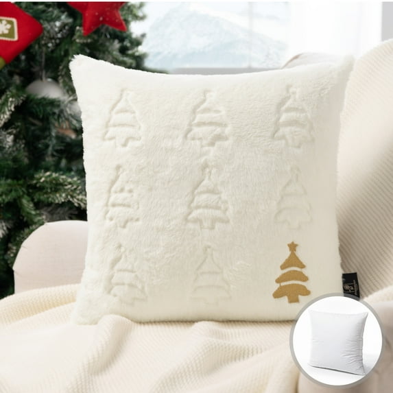 Phantoscope Christmas Faux Rabbit Fur Decorative Pillow, Gold Christmas Tree Embroidered Winter Series, 18" x 18", Off White, Pack of 1