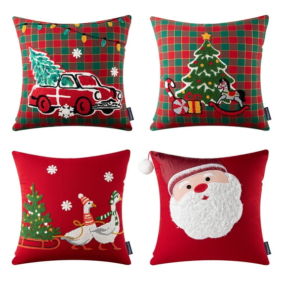 Phantoscope Christmas Holiday Series Cotton Embroidered Santa Tree and Red Car Decorative Throw Pillow Cover with Insert,Santa Claus and Goose,18" x 18", Set of 4