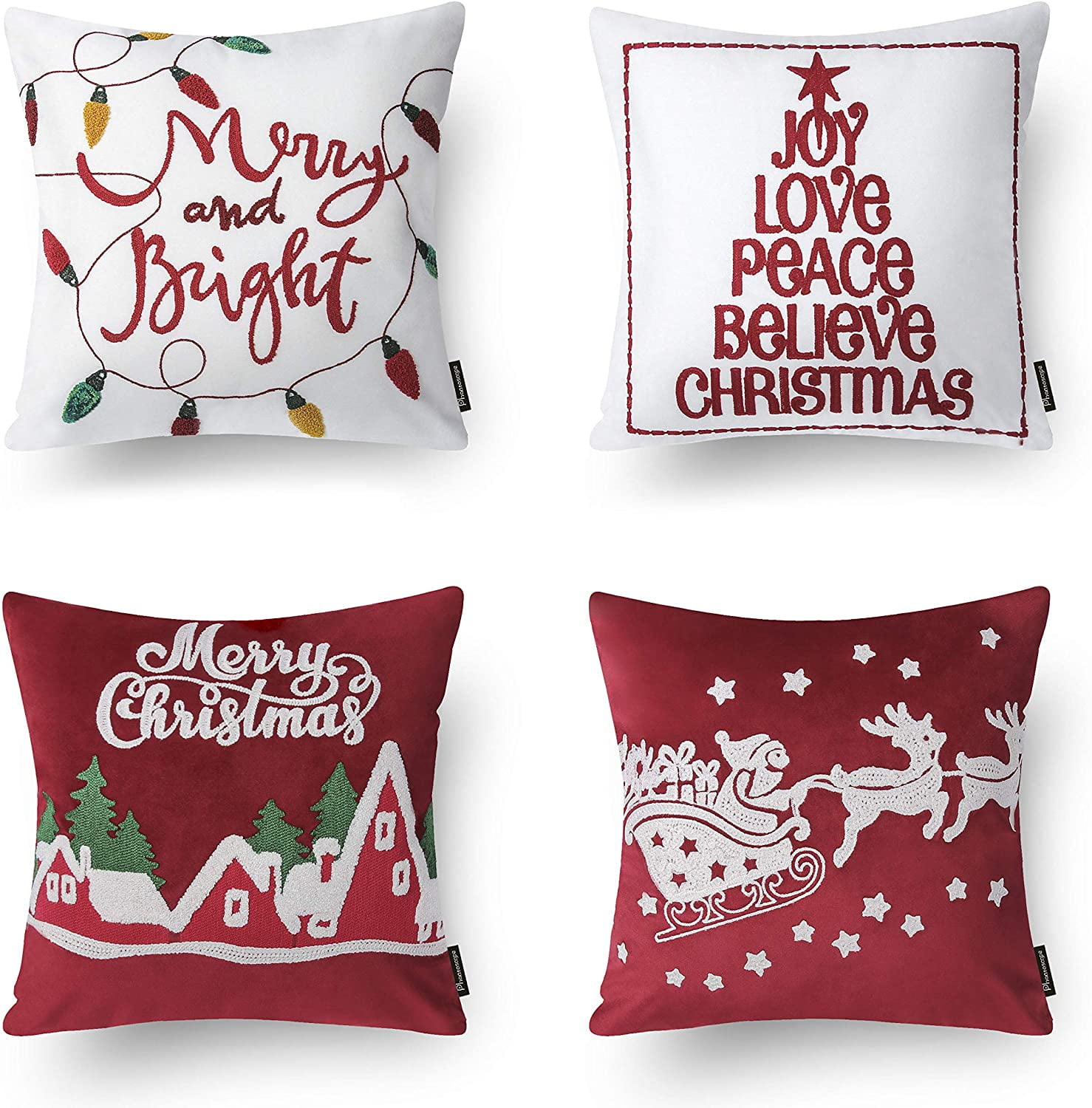 Phantoscope Christmas Holiday Series Velvet and Canvas Embroidered Letters Decorative Throw Pillow Cover ,Reindeer Sledge,18" x 18", Set of 4