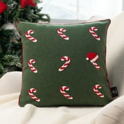 Phantoscope Christmas Series Decorative Pillow Cover, Woolen Fabric Candycane Embroidered Pillow Cover for Couch, 18" x 18", Dark Green, Pack of 1