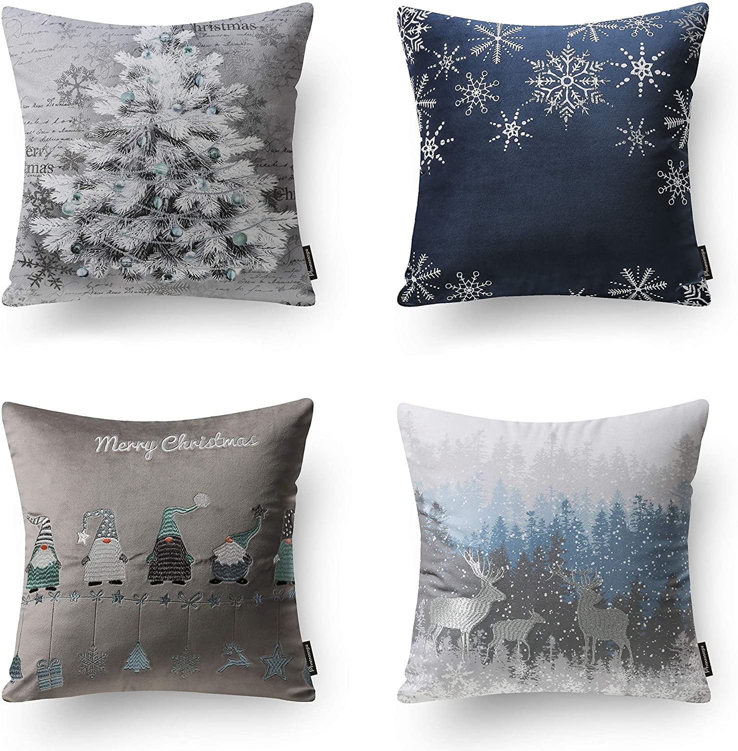 Phantoscope Christmas Velvet 18” x 18” Decorative Pillows, Blue and Gray, Polyester, Set of 4