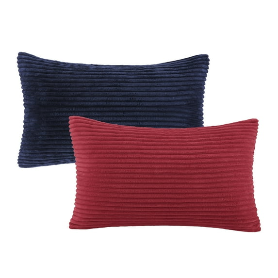 Phantoscope Christmas Corduroy Striped Velvet Series Decorative Throw Pillow Covers, 12" x 20", Red and Navy, 2 Pack