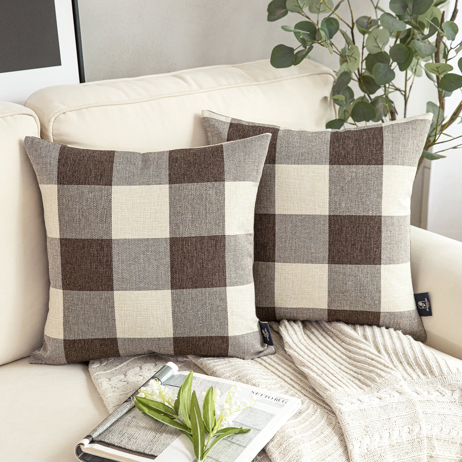 Phantoscope Christmas Decorative Buffalo Checker Plaids Series Throw Pillow Covers, 18" x 18", Coffee and Beige, 2 Pack