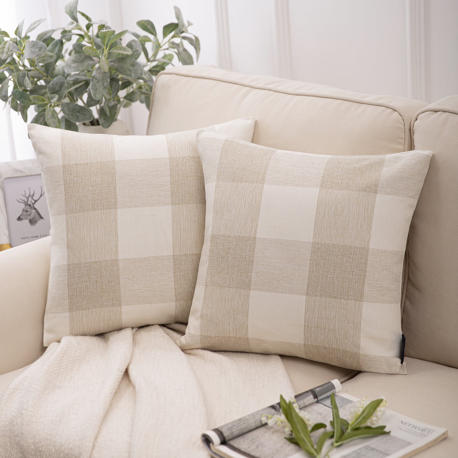 Buffalo Checker Plaids Series Cushion Decorative Throw Pillow Covers, 18" x 18", Off-white and Beige, Set of 2