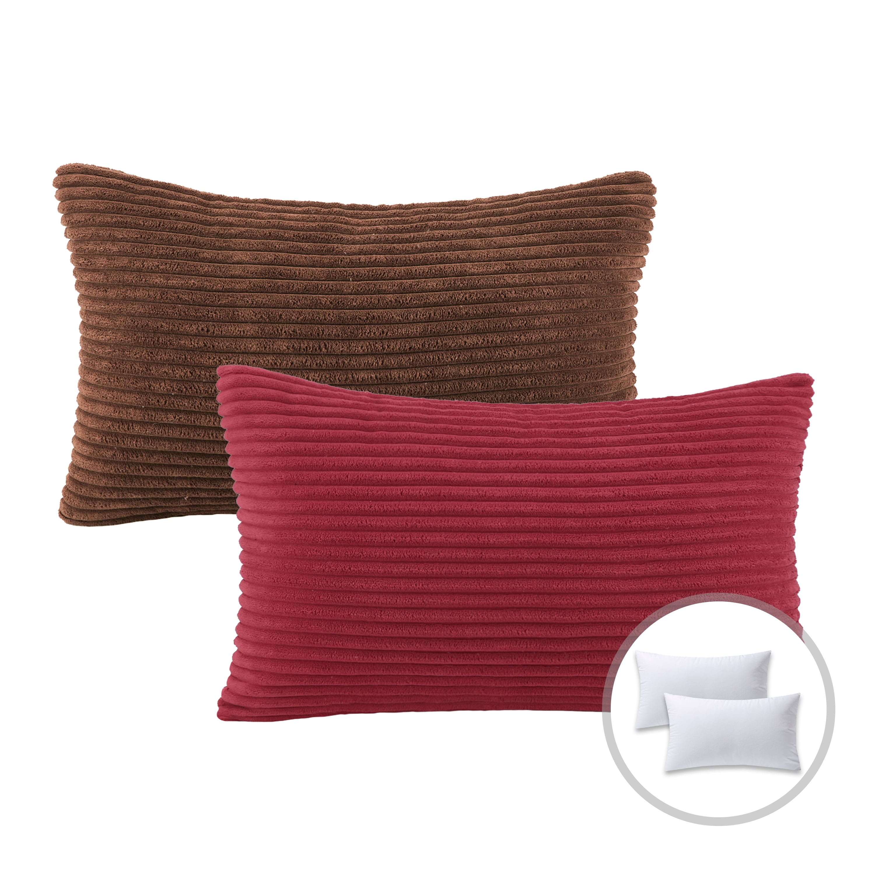 Phantoscope Christmas holiday Decorative Throw Pillow Bundle Set, Corduroy Striped Velvet Series Covers with inserts, 12" x 20", Dark Coffee and Red, 2 Pack