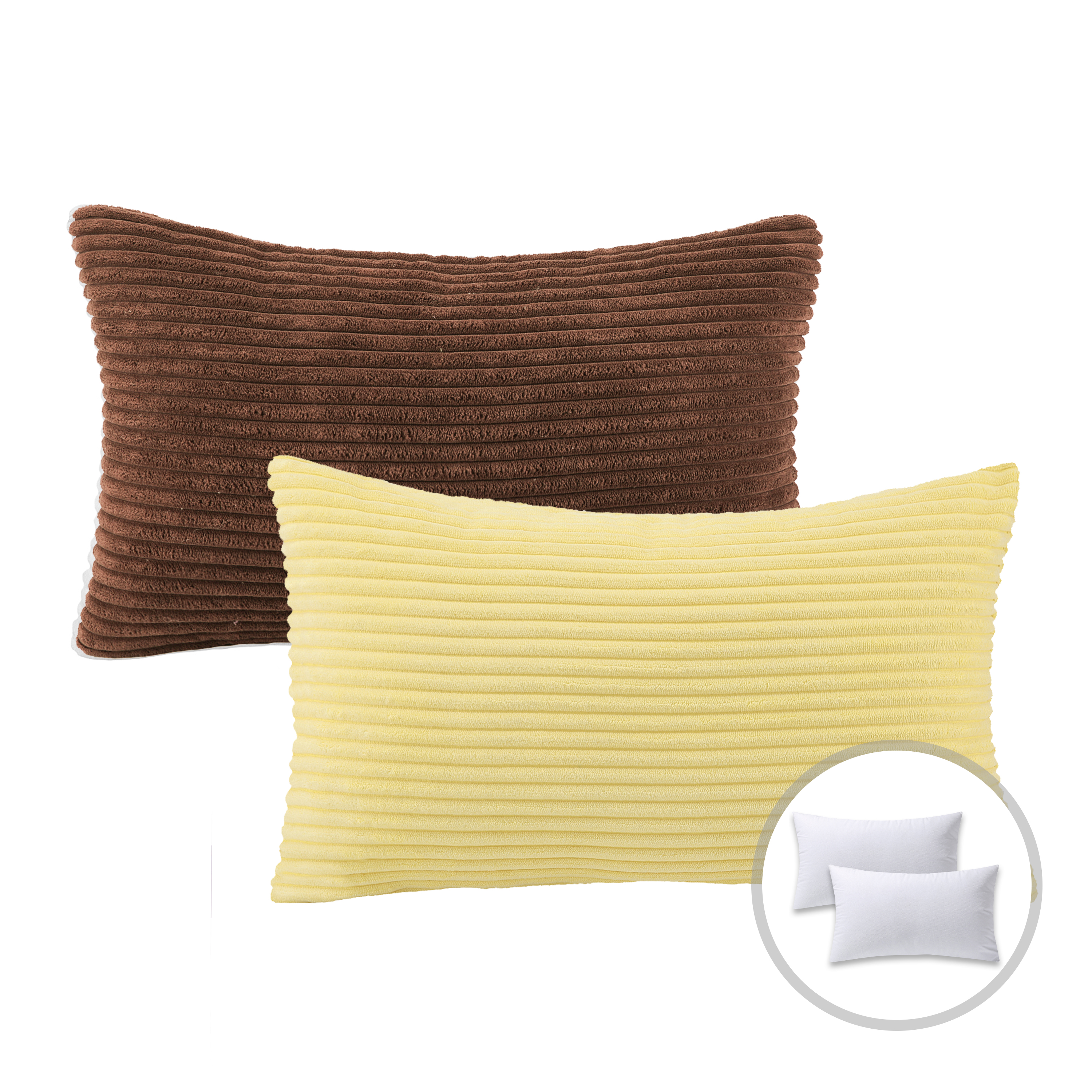 Phantoscope Christmas holiday Decorative Throw Pillow Bundle Set, Corduroy Striped Velvet Series Covers with inserts, 12" x 20", Dark Coffee and Yellow, 2 Pack