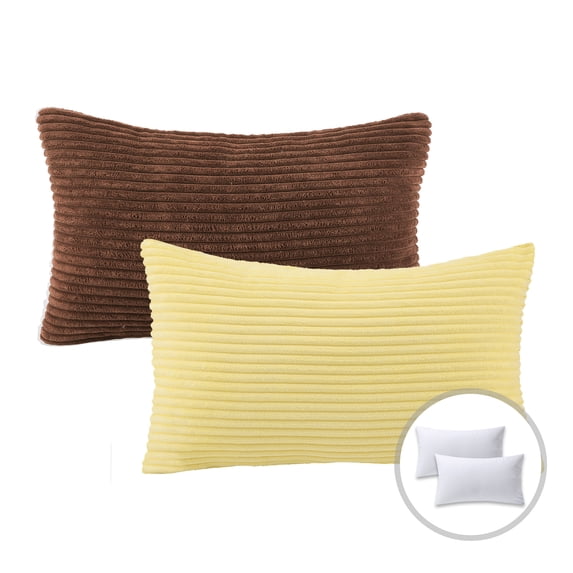 Phantoscope Christmas holiday Decorative Throw Pillow Bundle Set, Corduroy Striped Velvet Series Covers with inserts, 12" x 20", Dark Coffee and Yellow, 2 Pack