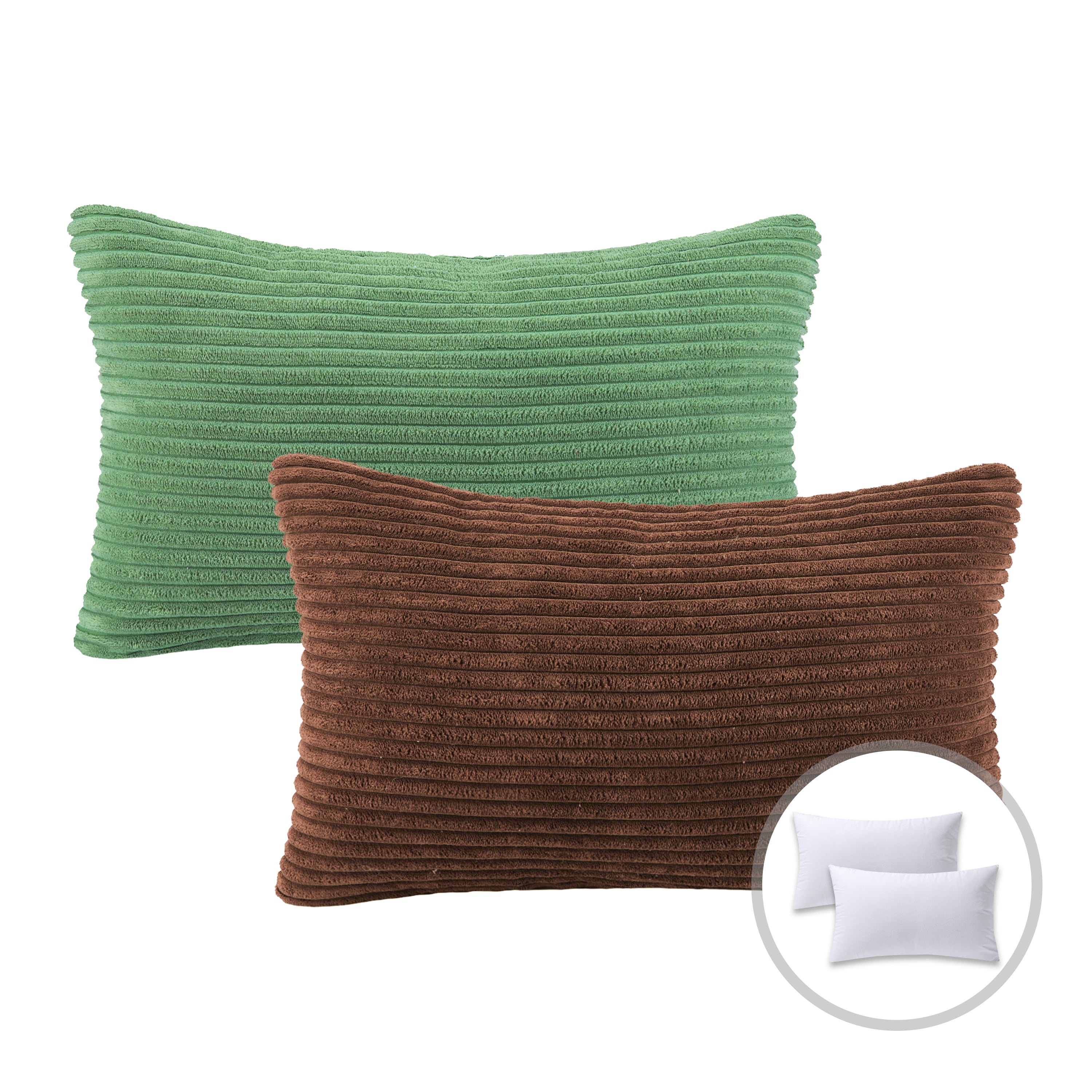 Phantoscope Christmas holiday Decorative Throw Pillow Bundle Set, Corduroy Striped Velvet Series Covers with inserts, 12" x 20", Light Green and Dark Coffee, 2 Pack