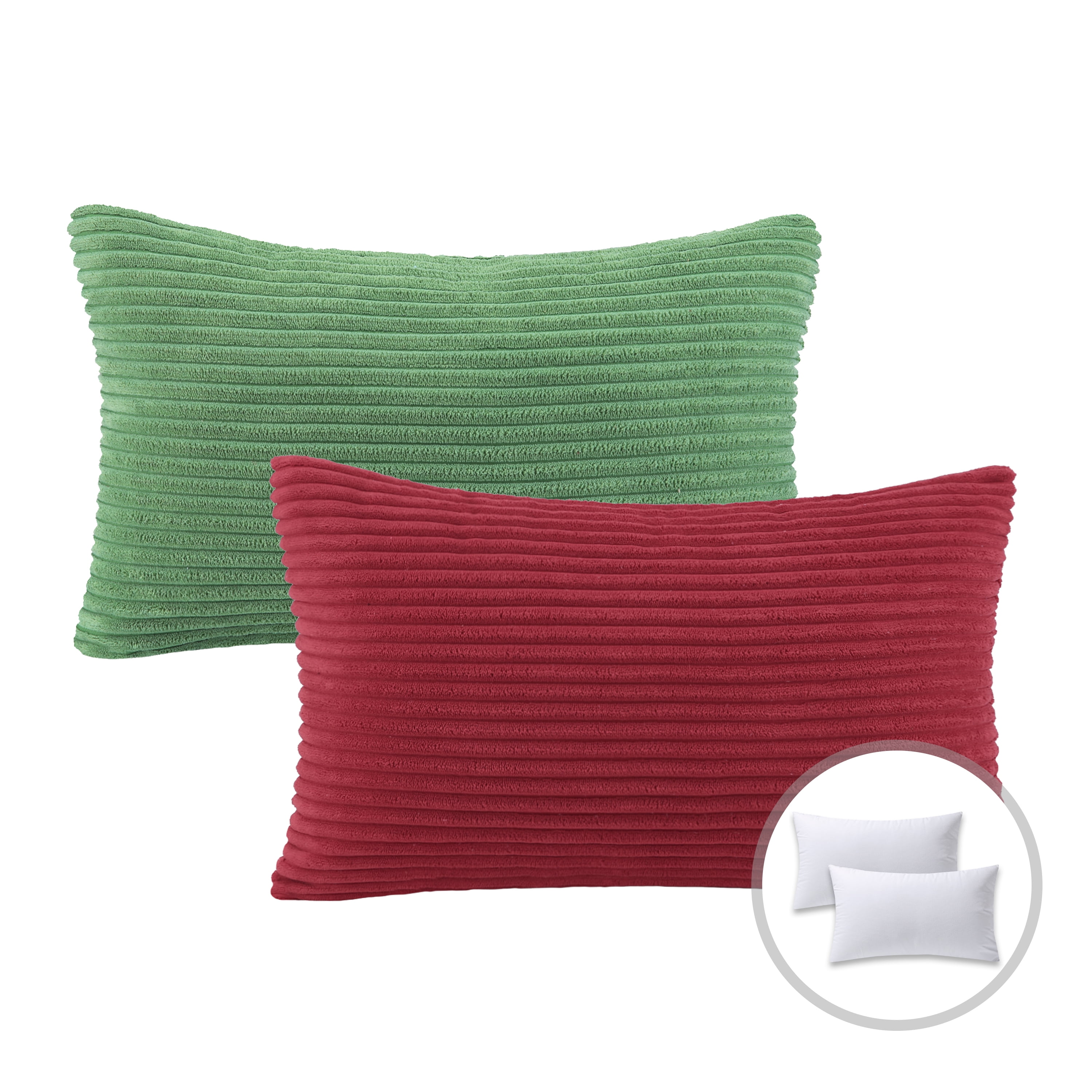 Phantoscope Christmas holiday Decorative Throw Pillow Bundle Set, Corduroy Striped Velvet Series Covers with inserts, 12" x 20", Light Green and Red, 2 Pack