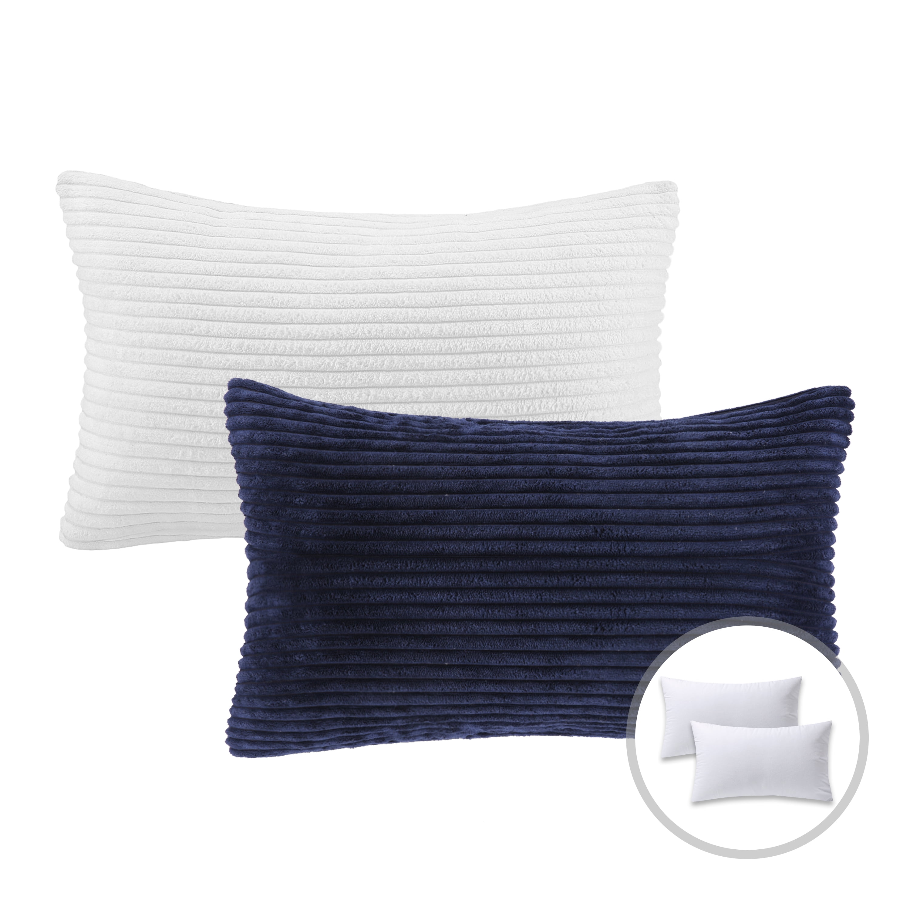 Phantoscope Christmas holiday Decorative Throw Pillow Bundle Set, Corduroy Striped Velvet Series Covers with inserts, 12" x 20", White and Navy, 2 Pack