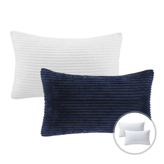 Phantoscope Christmas holiday Decorative Throw Pillow Bundle Set, Corduroy Striped Velvet Series Covers with inserts, 12" x 20", White and Navy, 2 Pack