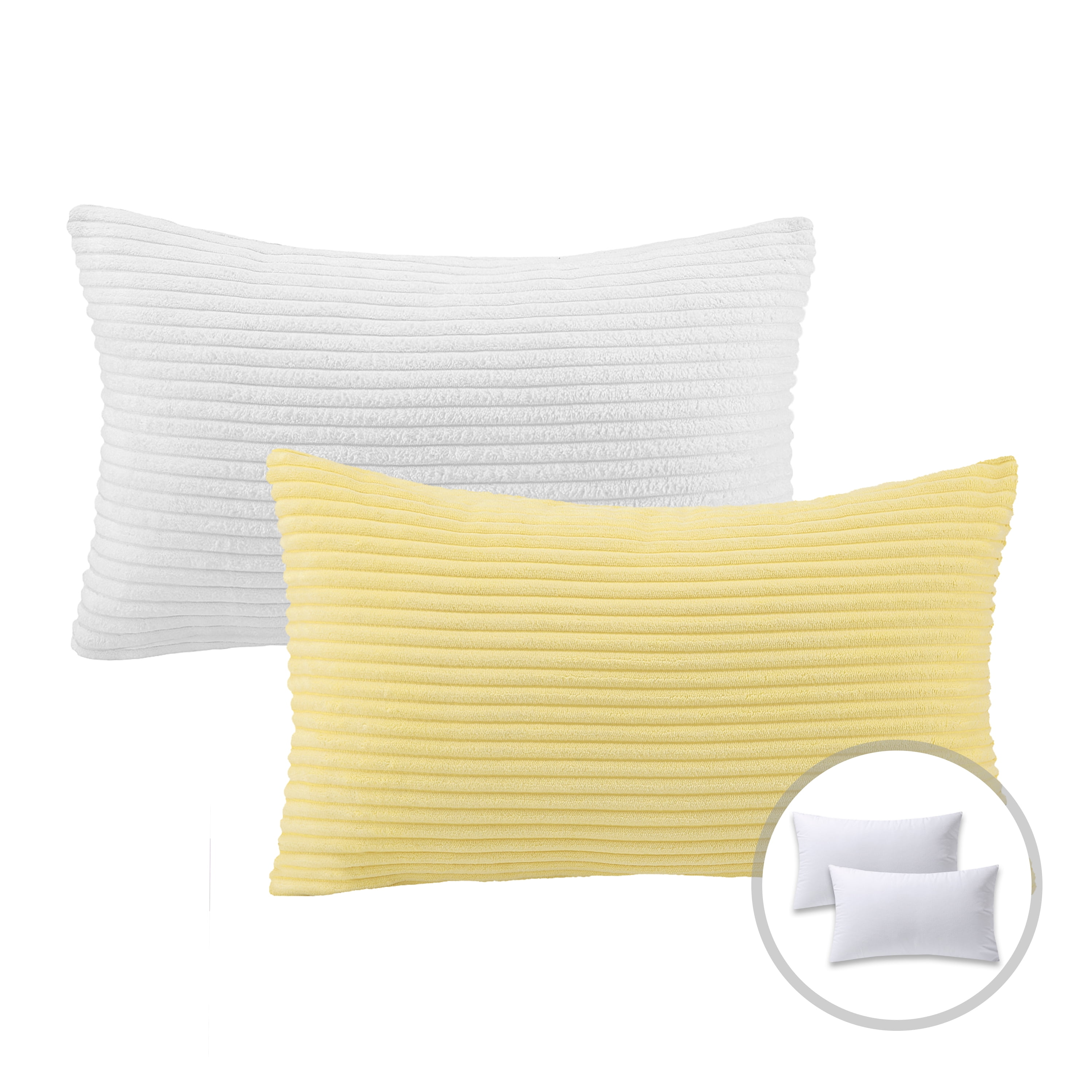 Phantoscope Christmas holiday Decorative Throw Pillow Bundle Set, Corduroy Striped Velvet Series Covers with inserts, 12" x 20", White and Yellow, 2 Pack
