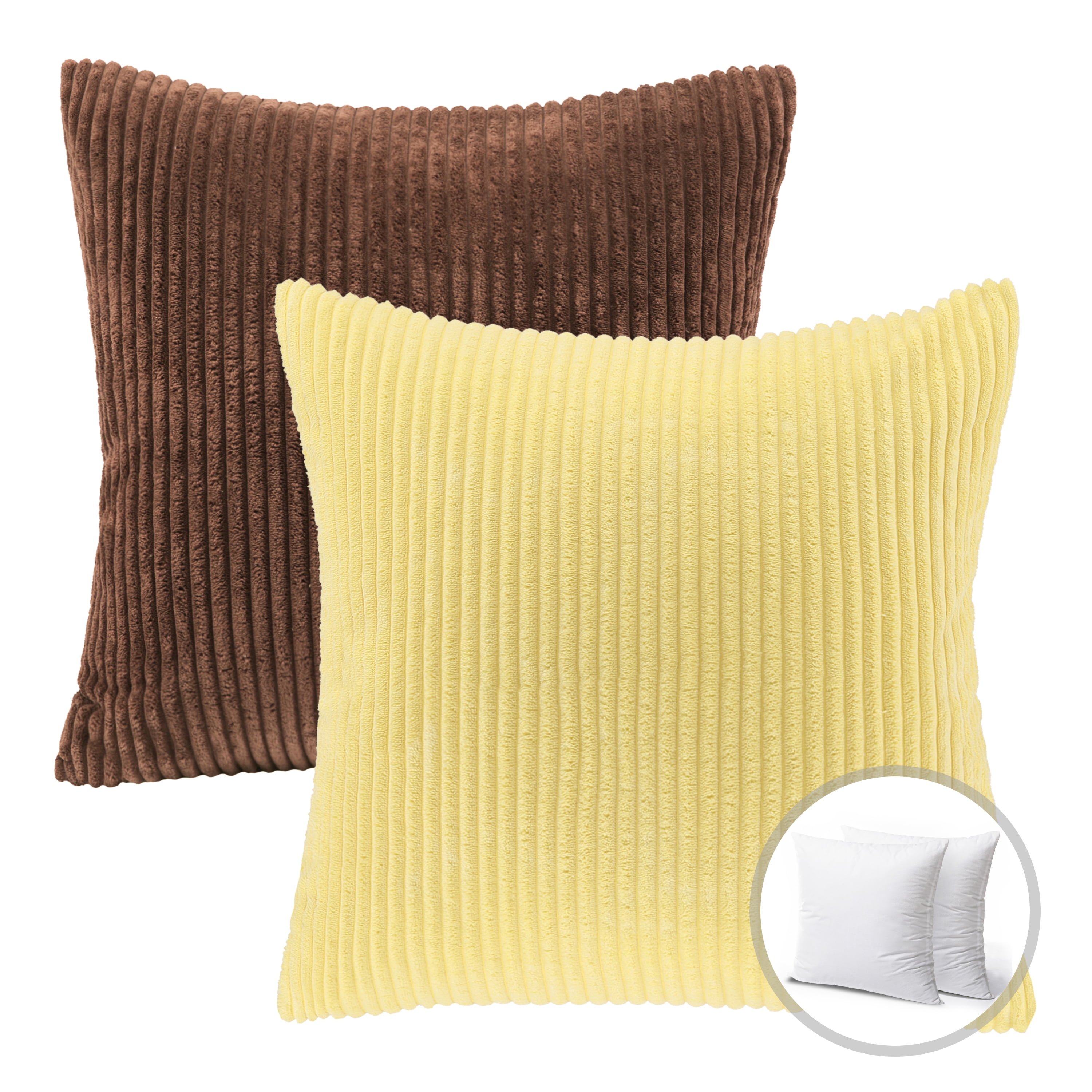 Phantoscope Christmas holiday Decorative Throw Pillow Bundle Set, Corduroy Striped Velvet Series Covers with inserts, 18" x 18", Dark Coffee and Yellow, 2 Pack