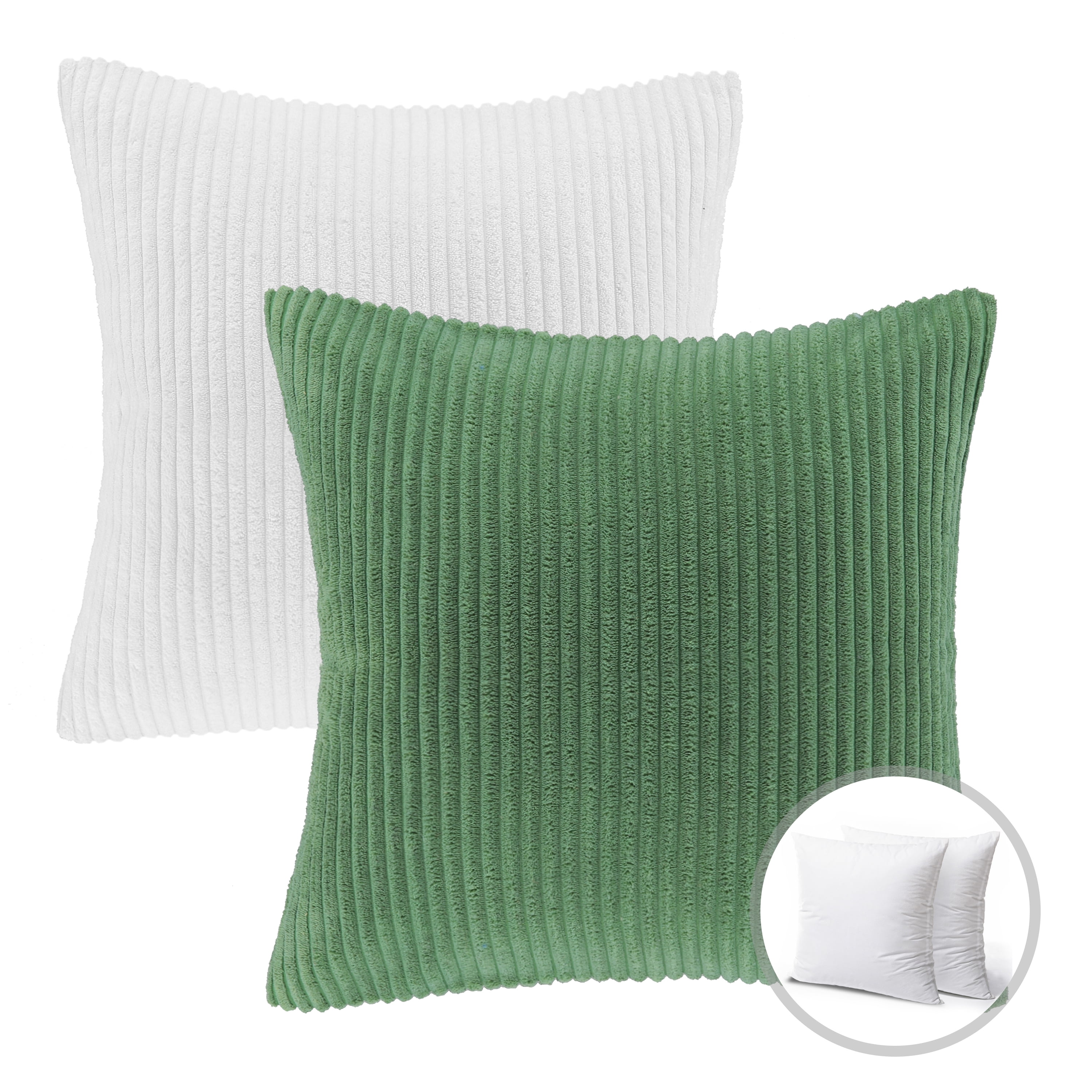 Phantoscope Christmas holiday Corduroy Striped Velvet Series Decorative Throw Pillow Covers, 18" x 18", Light Green and White, 2 Pack