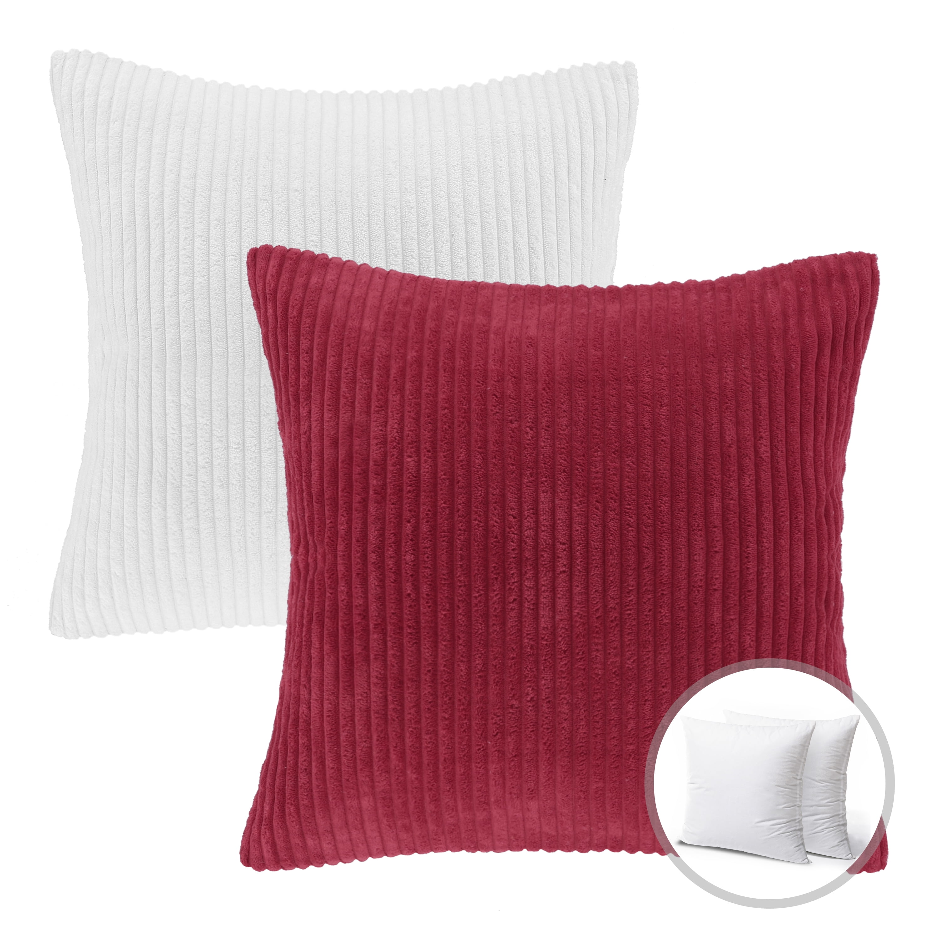 Phantoscope Christmas holiday Decorative Throw Pillow Bundle Set, Corduroy Striped Velvet Series Covers with inserts, 18" x 18", White and Red, 2 Pack
