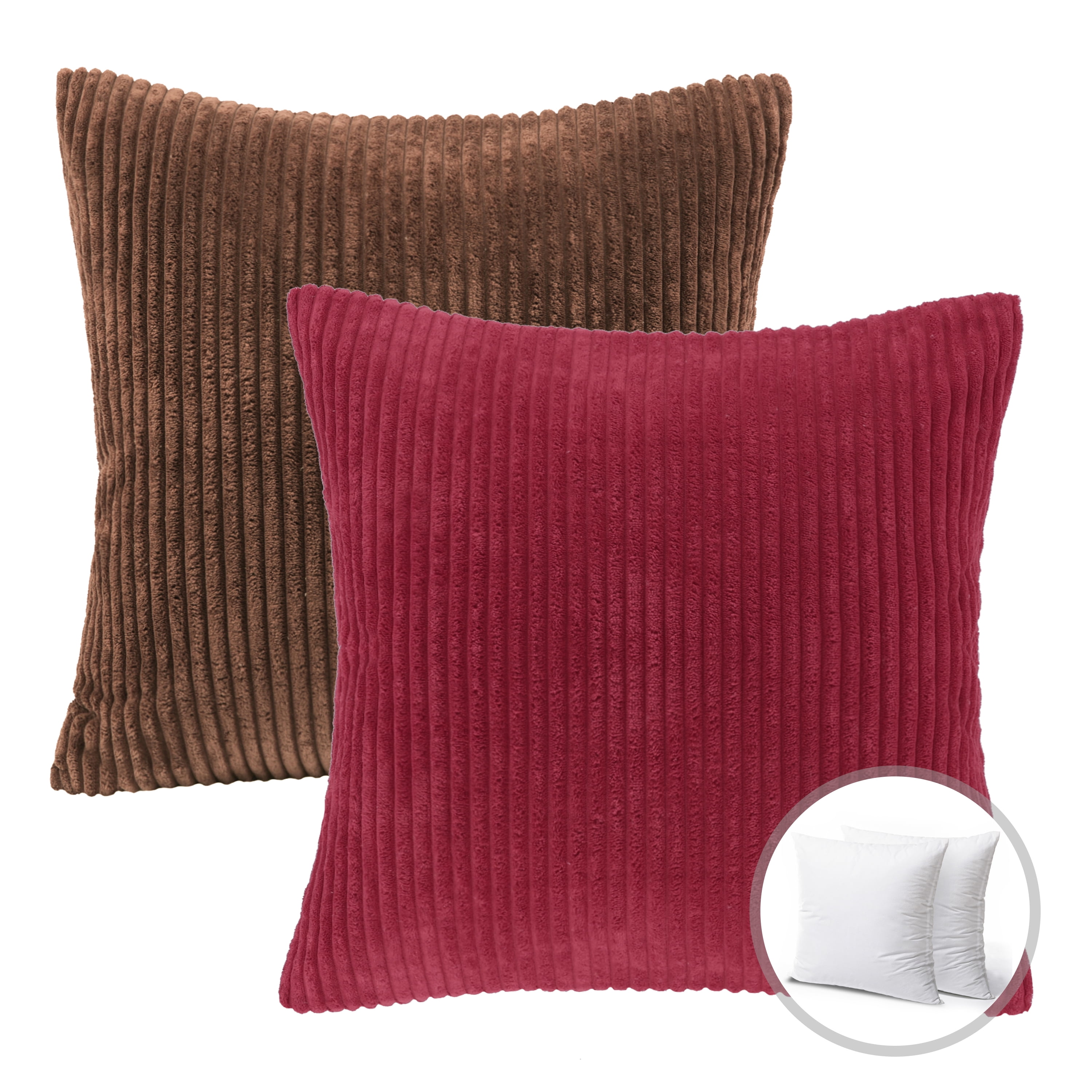 Phantoscope Christmas holiday Decorative Throw Pillow Bundle Set, Corduroy Striped Velvet Series Covers with inserts, 20" x 20", Dark Coffee and Red, 2 Pack