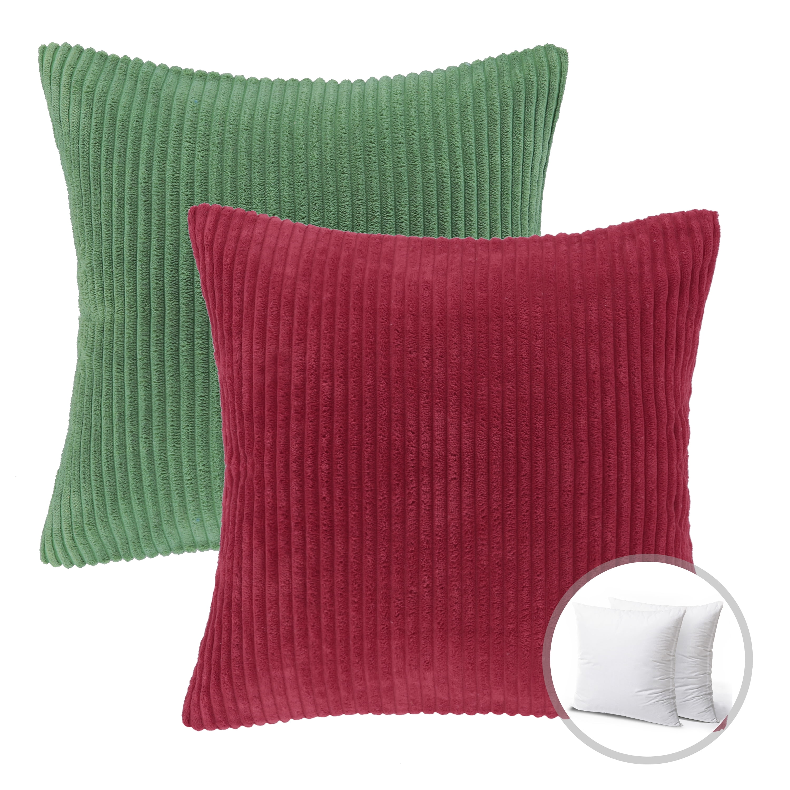 Phantoscope Christmas holiday Decorative Throw Pillow Bundle Set, Corduroy Striped Velvet Series Covers with inserts, 20" x 20", Light Green and Red, 2 Pack