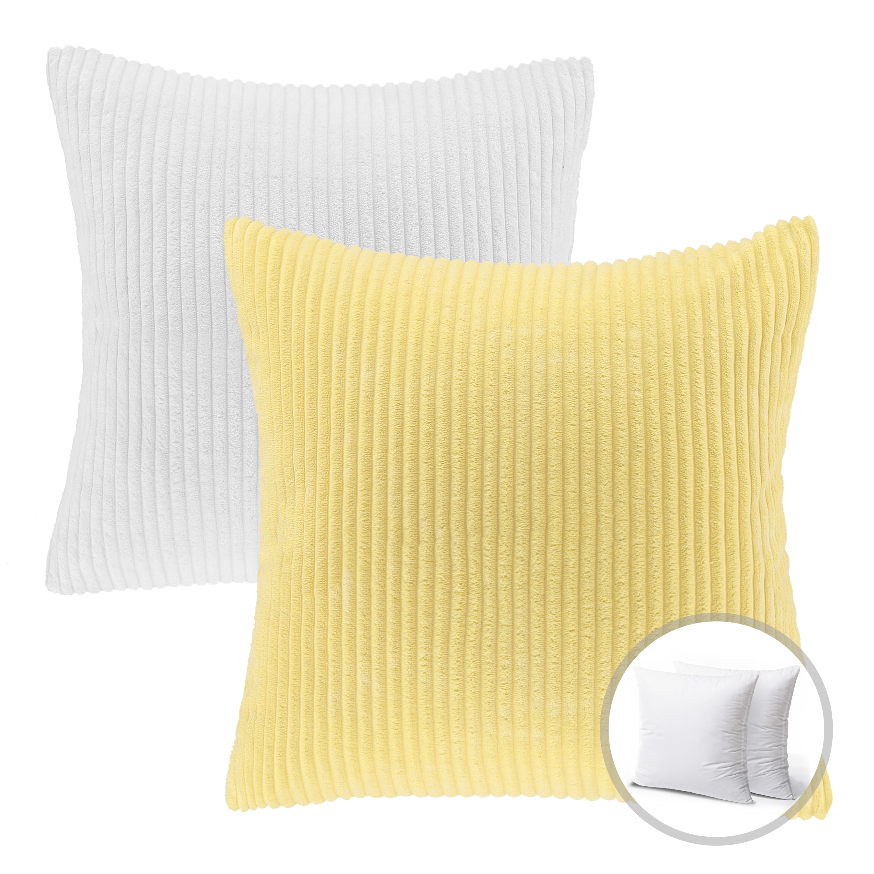 Phantoscope Christmas holiday Decorative Throw Pillow Bundle Set, Corduroy Striped Velvet Series Covers with inserts, 20" x 20", White and Yellow, 2 Pack