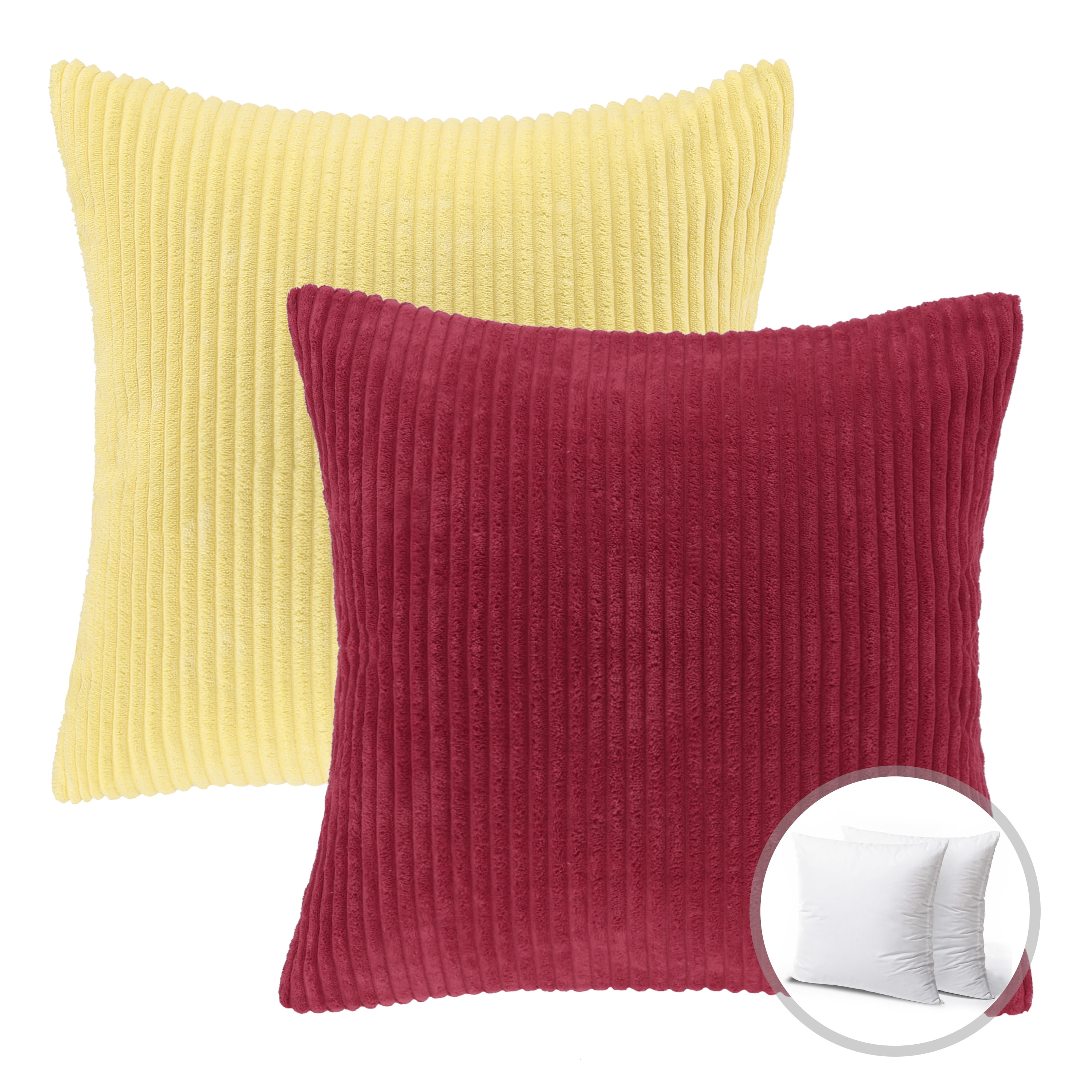 Phantoscope Christmas holiday Decorative Throw Pillow Bundle Set, Corduroy Striped Velvet Series Covers with inserts, 20" x 20", Yellow and Red, 2 Pack