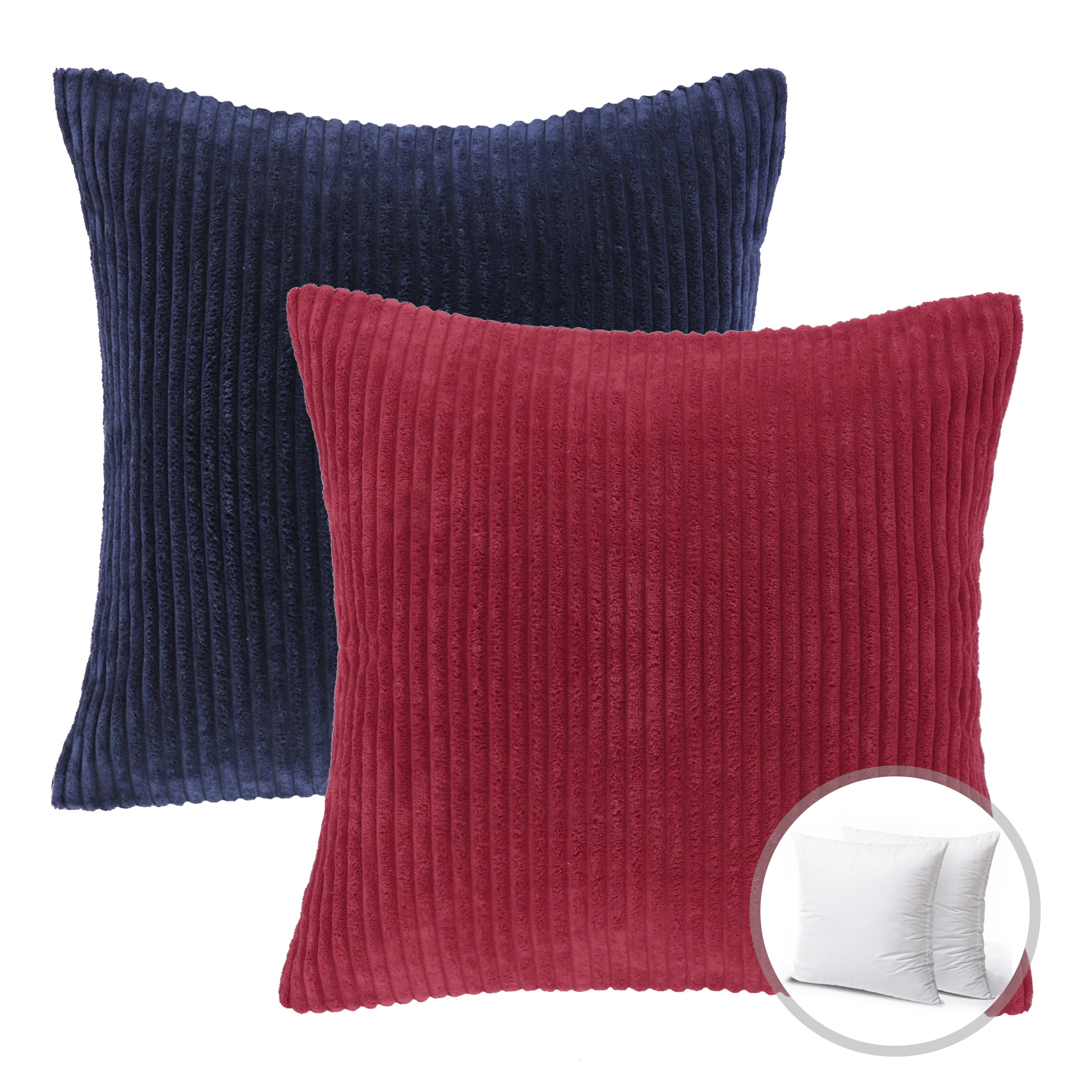 Phantoscope Christmas holiday Decorative Throw Pillow Bundle Set, Corduroy Striped Velvet Series Covers with inserts, 20" x 20", Red and Navy, 2 Pack