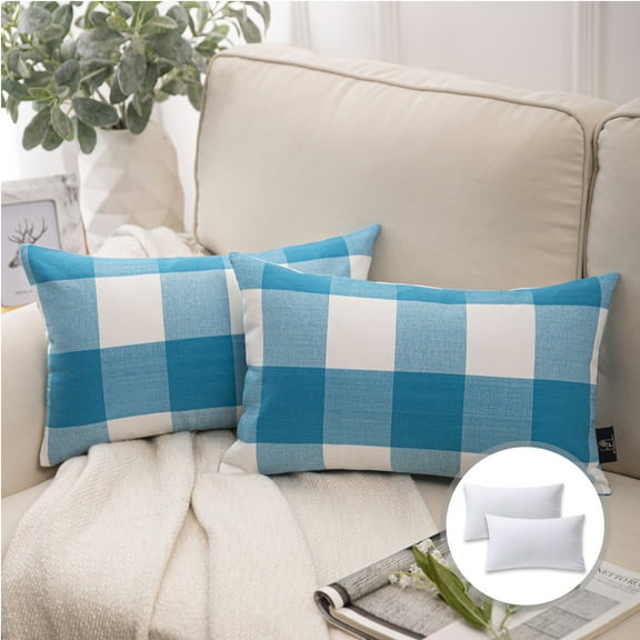 Phantoscope Christmas holiday Decorative Throw Pillow Set, Buffalo Checker Plaids Series Covers with inserts, 12" x 20", Light Blue and White, 2 Pack