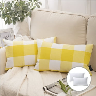 Phantoscope Christmas holiday Decorative Throw Pillow Set, Buffalo Checker Plaids Series Covers with inserts, 12" x 20", Yellow and White, 2 Pack