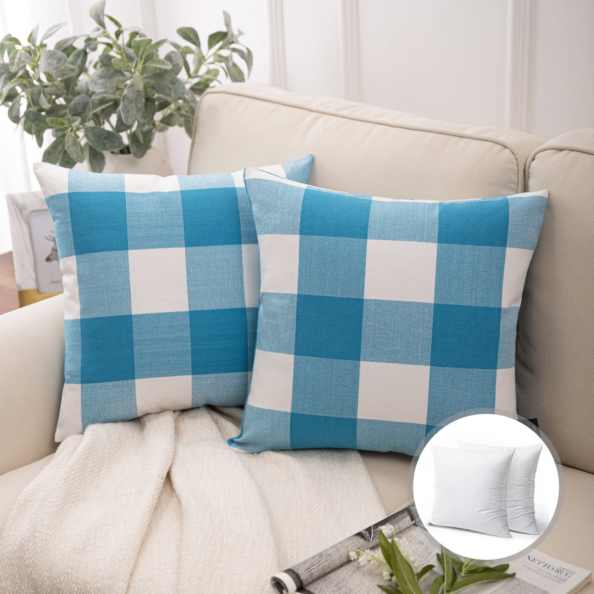 Phantoscope Christmas holiday Decorative Throw Pillow Set, Buffalo Checker Plaids Series Covers with inserts, 18" x 18", Blue and White, 2 Pack