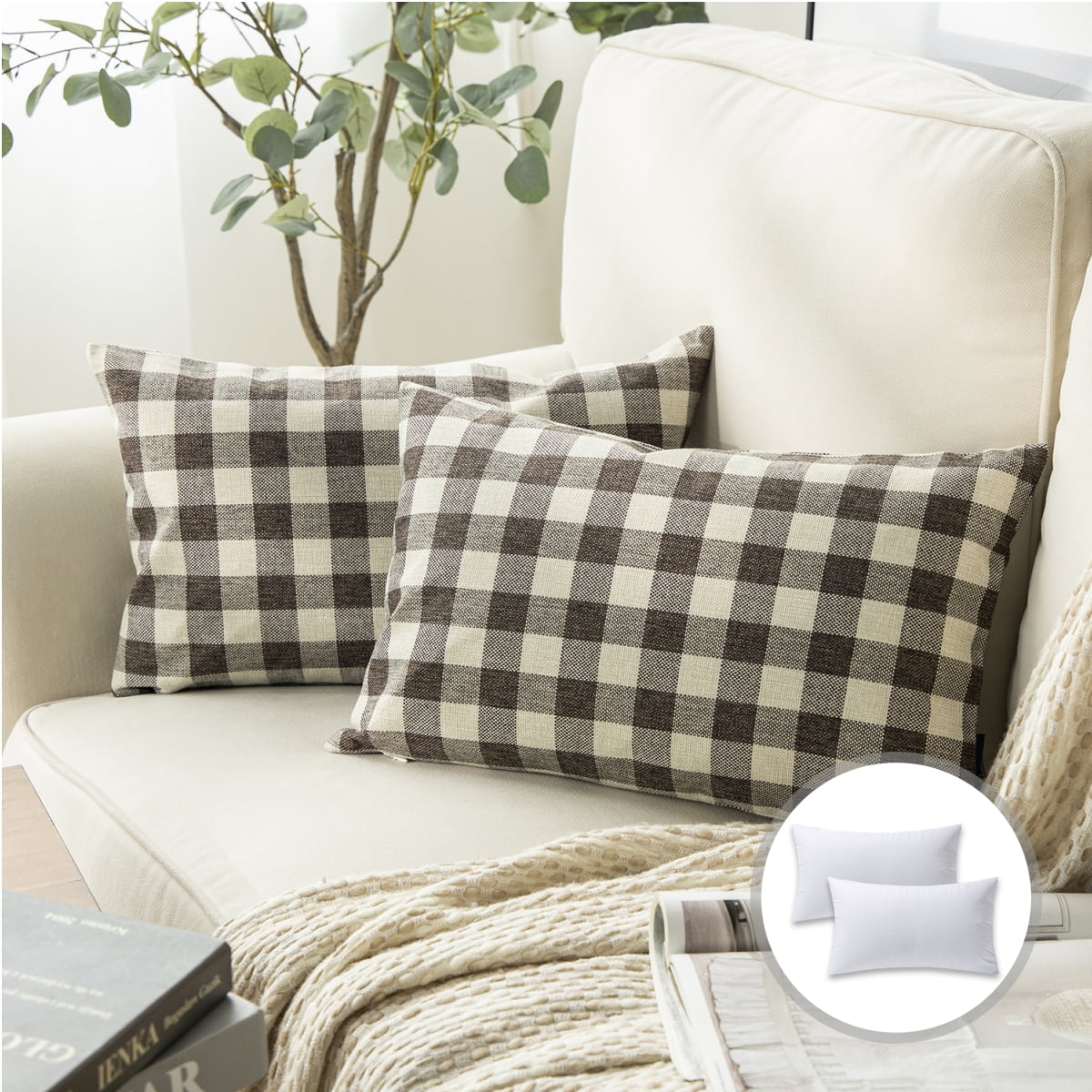 Phantoscope Christmas holiday Decorative Throw Pillow Set, Classic Checkers Series Covers with inserts, 12" x 20", Coffee, 2 Pack