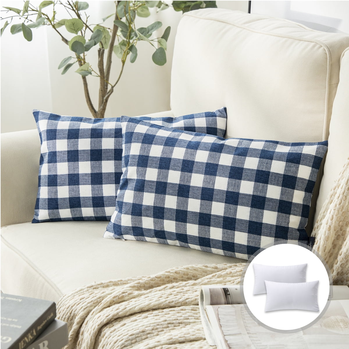 Phantoscope Christmas holiday Decorative Throw Pillow Set, Classic Checkers Series Covers with inserts, 12" x 20", Dark Blue, 2 Pack