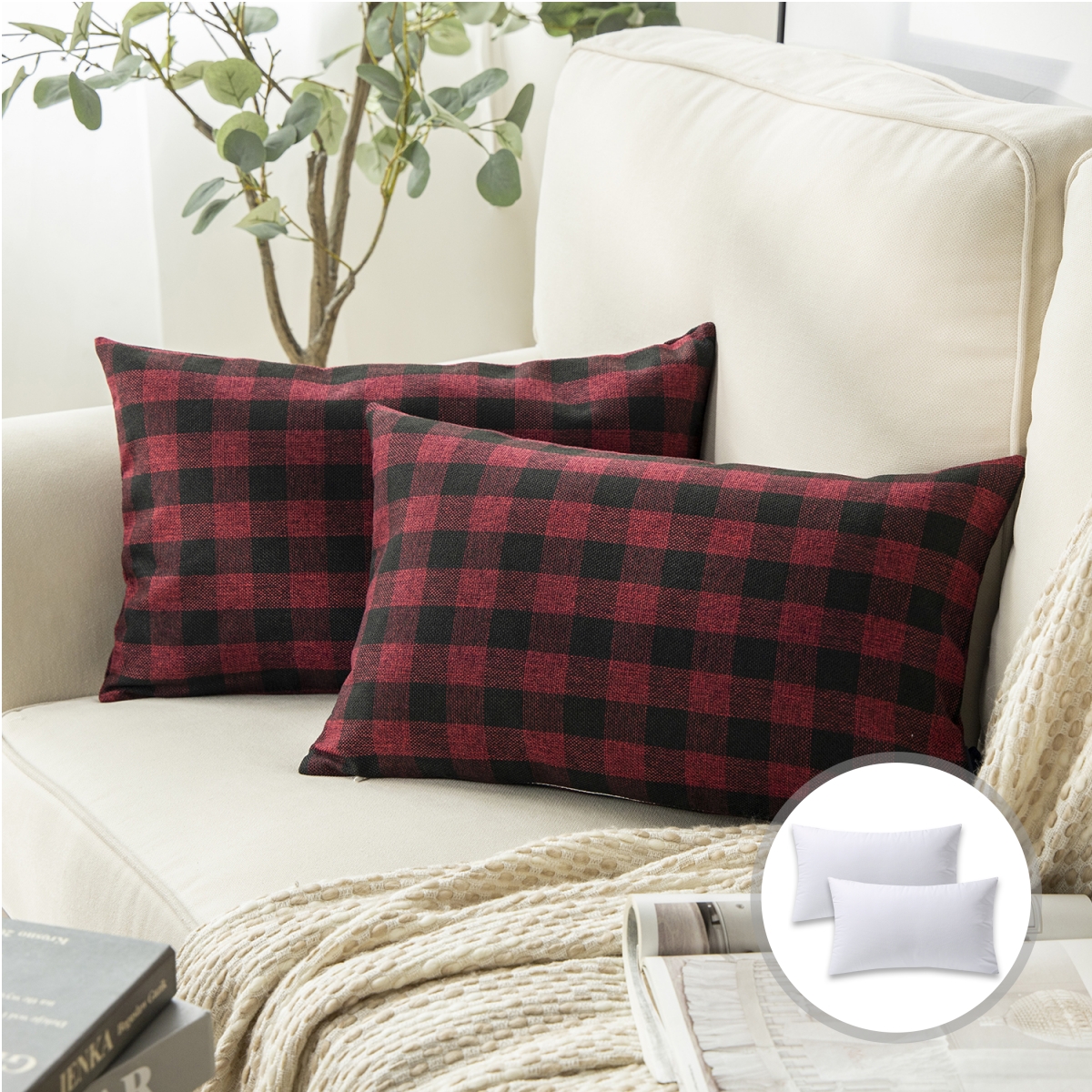 Phantoscope Christmas holiday Decorative Throw Pillow Set, Classic Checkers Series Covers with inserts, 12" x 20", Red and Black, 2 Pack