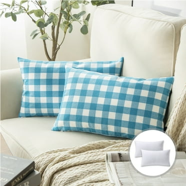 Phantoscope Christmas holiday Decorative Throw Pillow Set, Classic Checkers Series Covers with inserts, 12" x 20", Sky Blue, 2 Pack
