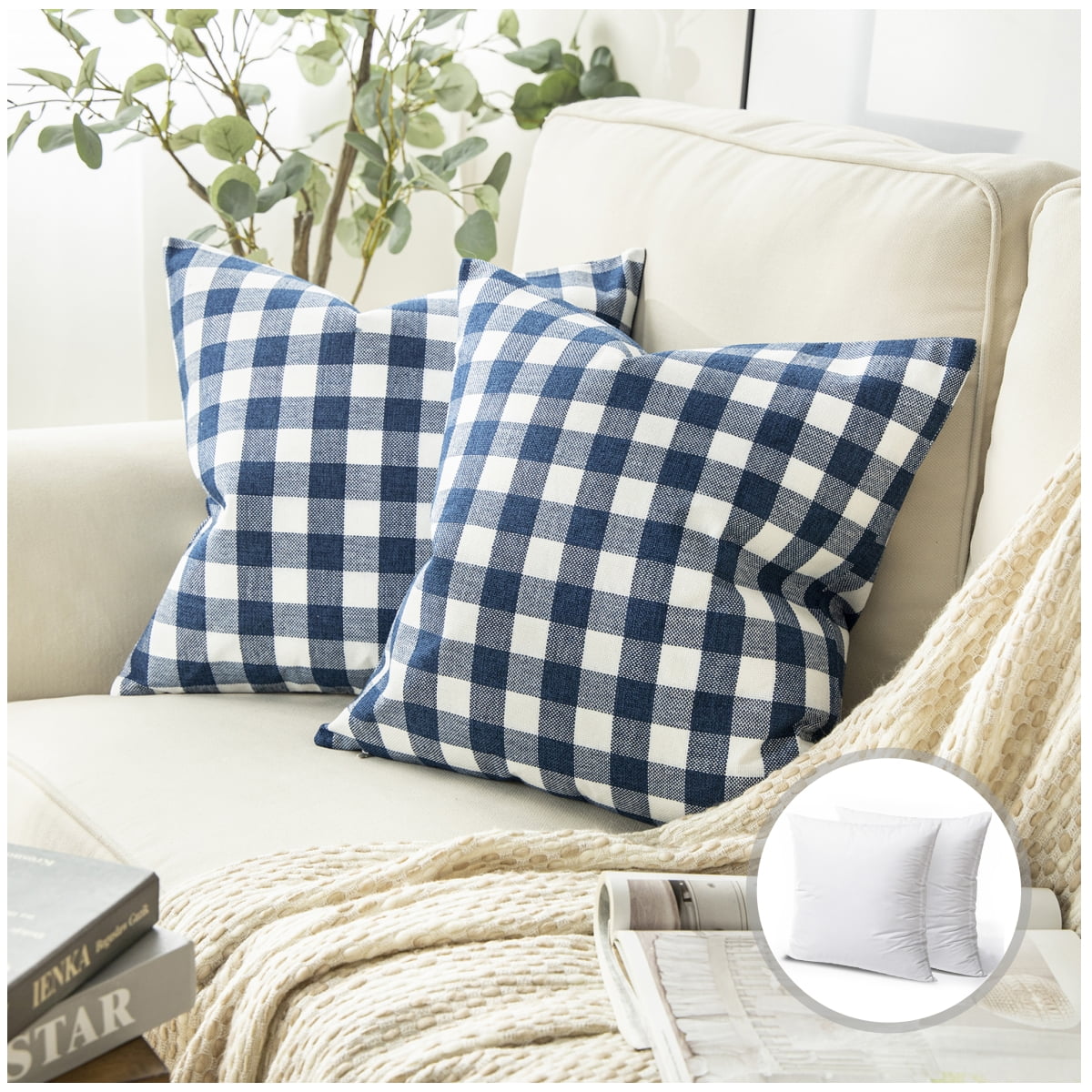Phantoscope Christmas holiday Decorative Throw Pillow Set, Classic Checkers Series Covers with inserts, 18" x 18", Dark Blue, 2 Pack