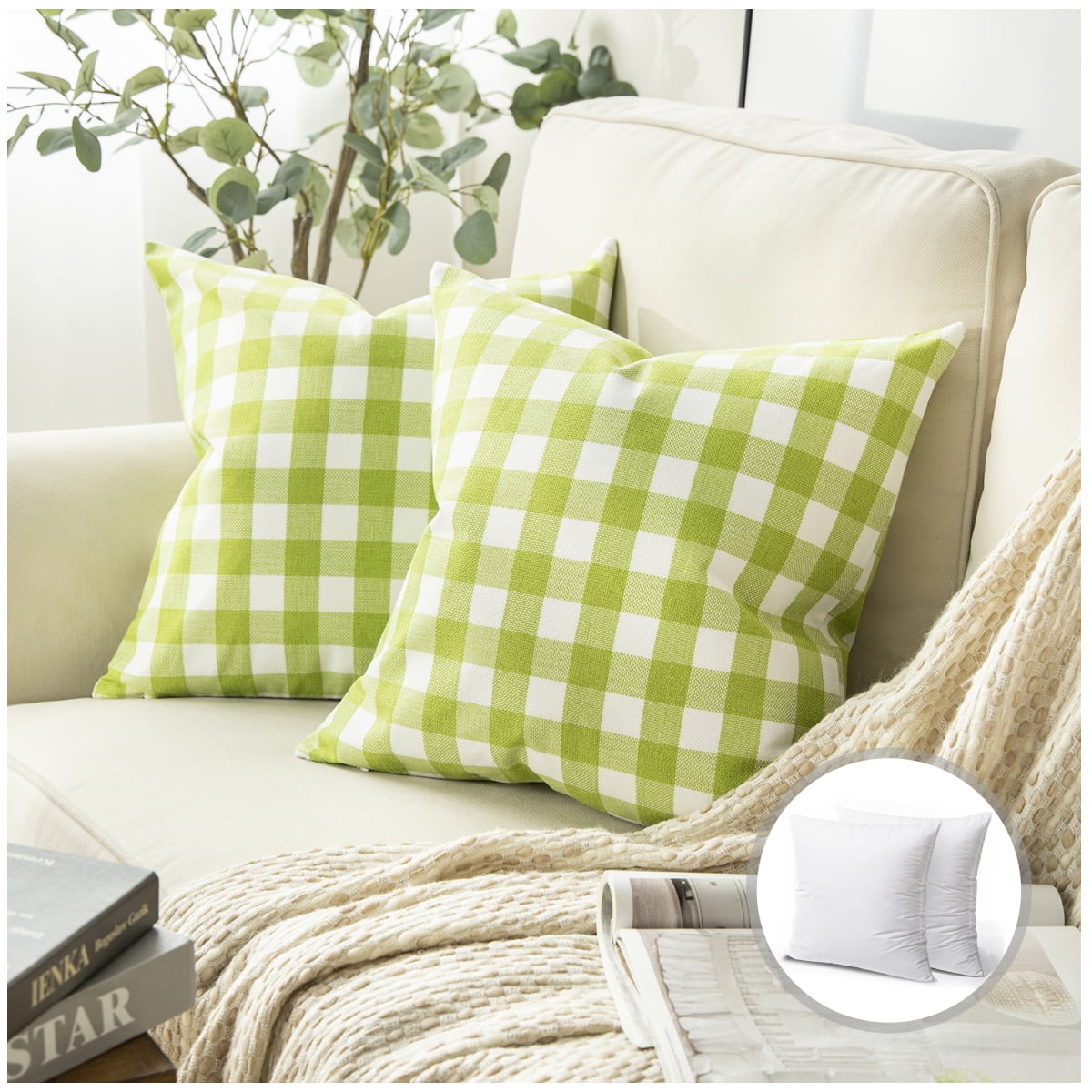 Phantoscope Christmas holiday Decorative Throw Pillow Set, Classic Checkers Series Covers with inserts, 18" x 18", Green, 2 Pack