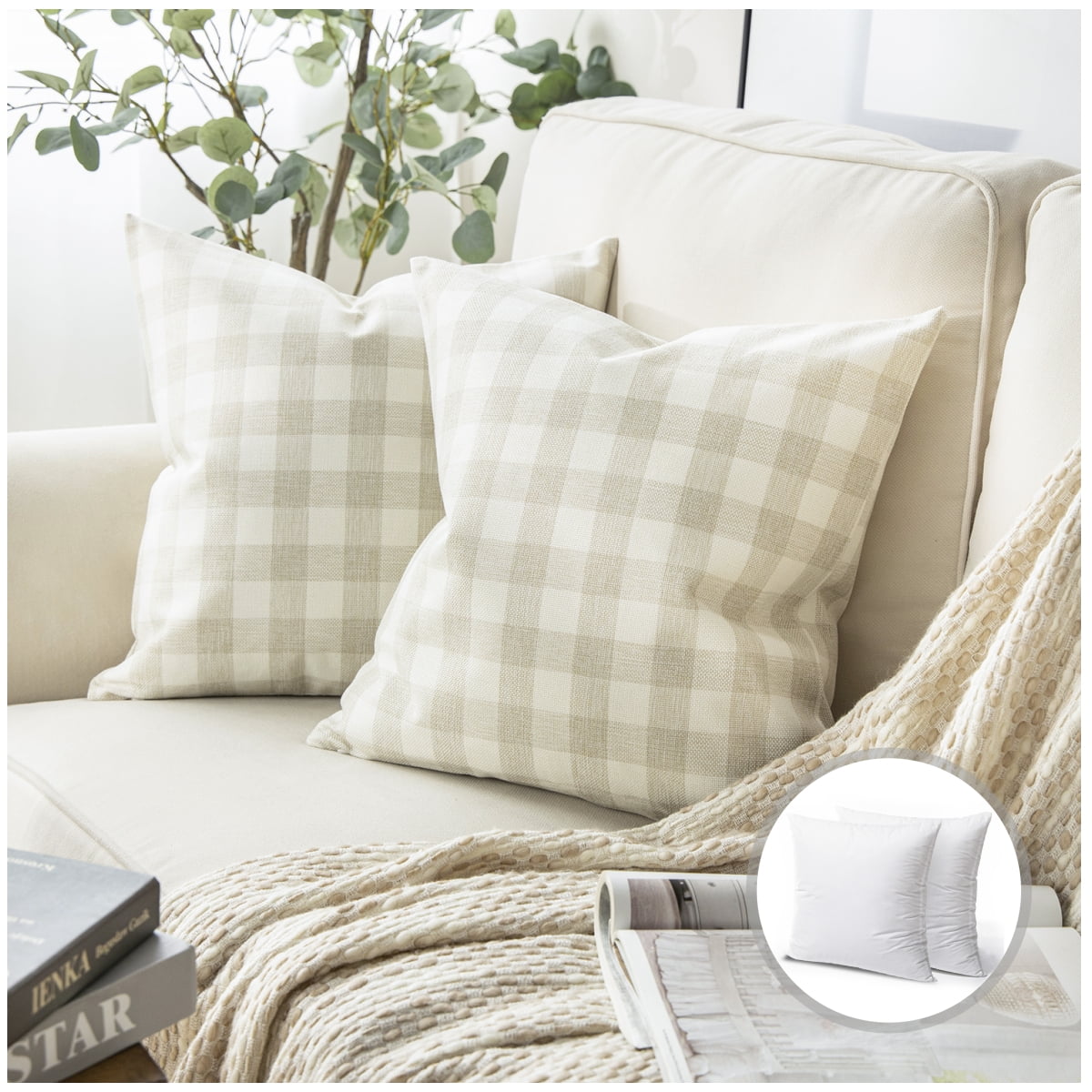 Phantoscope Christmas holiday Decorative Throw Pillow Set, Classic Checkers Series Covers with inserts, 18" x 18", Off White, 2 Pack