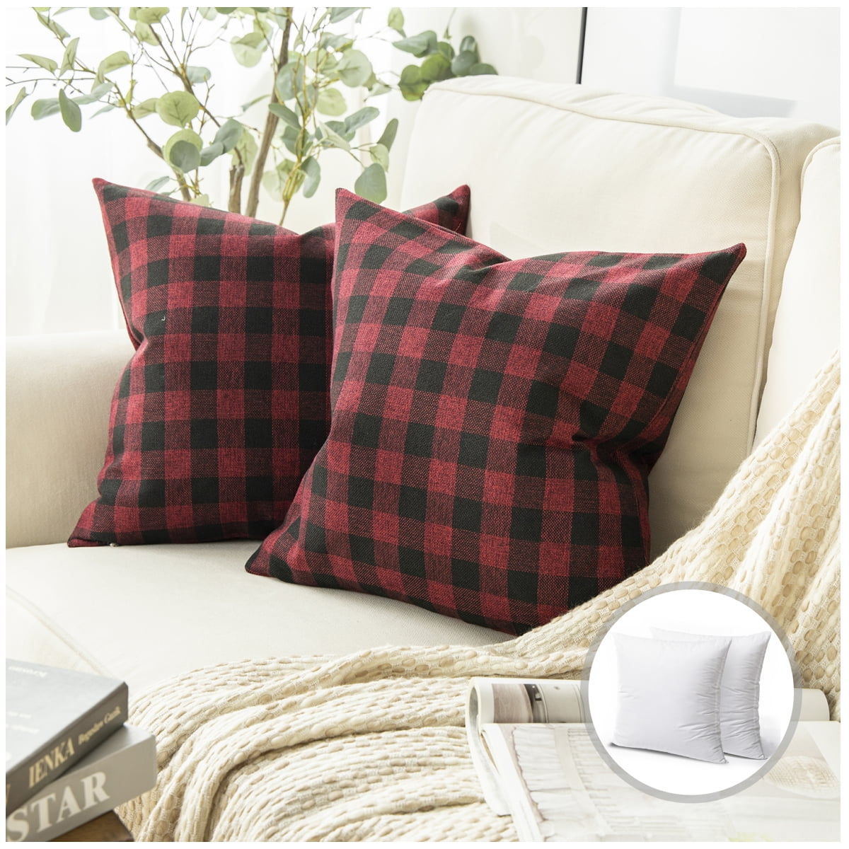 Phantoscope Christmas holiday Decorative Throw Pillow Set, Classic Checkers Series Covers with inserts, 18" x 18", Red and Black, 2 Pack