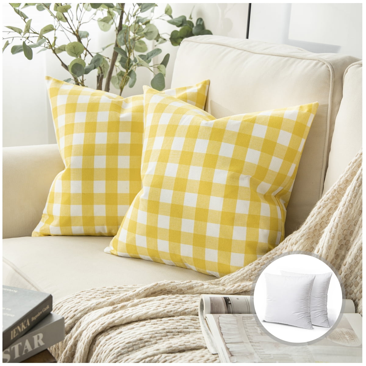 Phantoscope Christmas holiday Decorative Throw Pillow Set, Classic Checkers Series Covers with inserts, 20" x 20", Yellow, 2 Pack